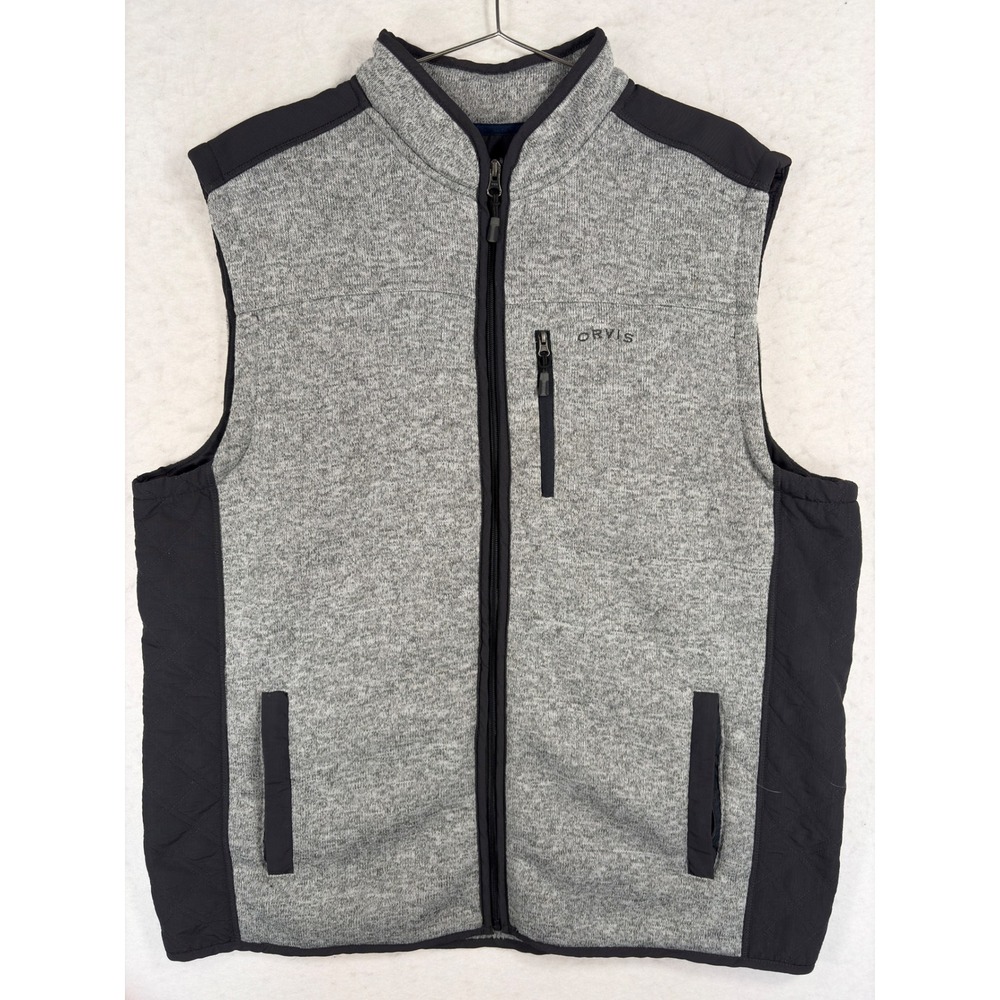 Orvis Mens XXL Gray Black Full Zip Sweater Fleece Quilted Mixed Media Vest